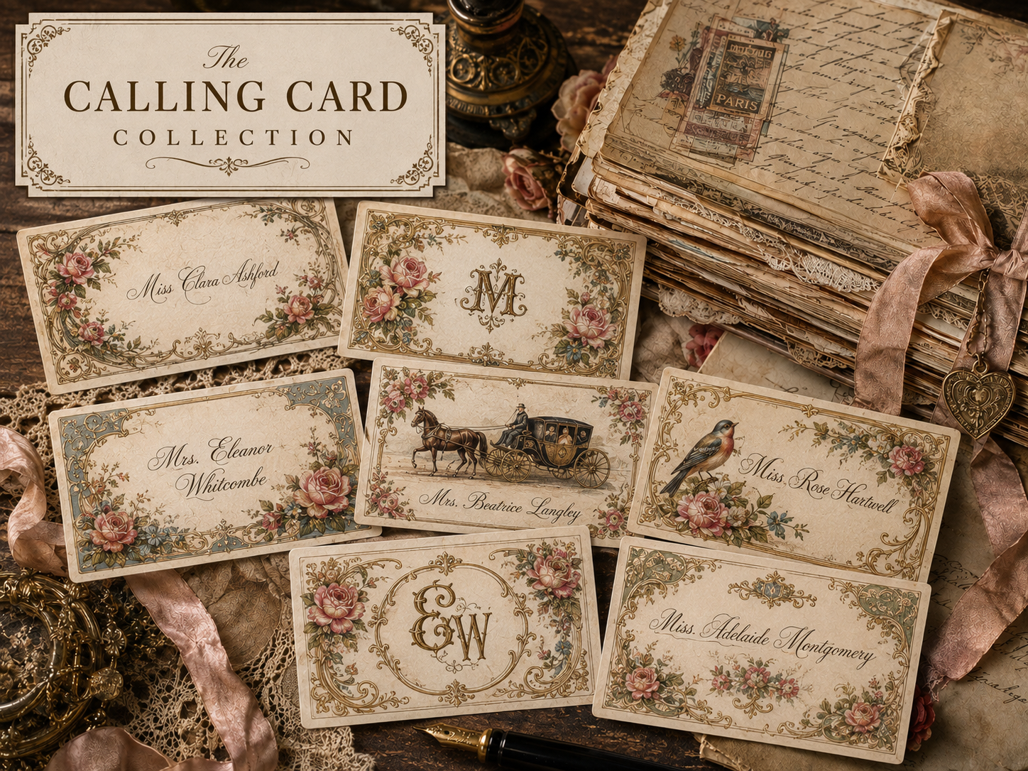 The Calling Card Collection featuring ornate Victorian inspired floral, bird, monogram, and horse and carriage calling cards beside a nineteenth century inspired keepsake journal