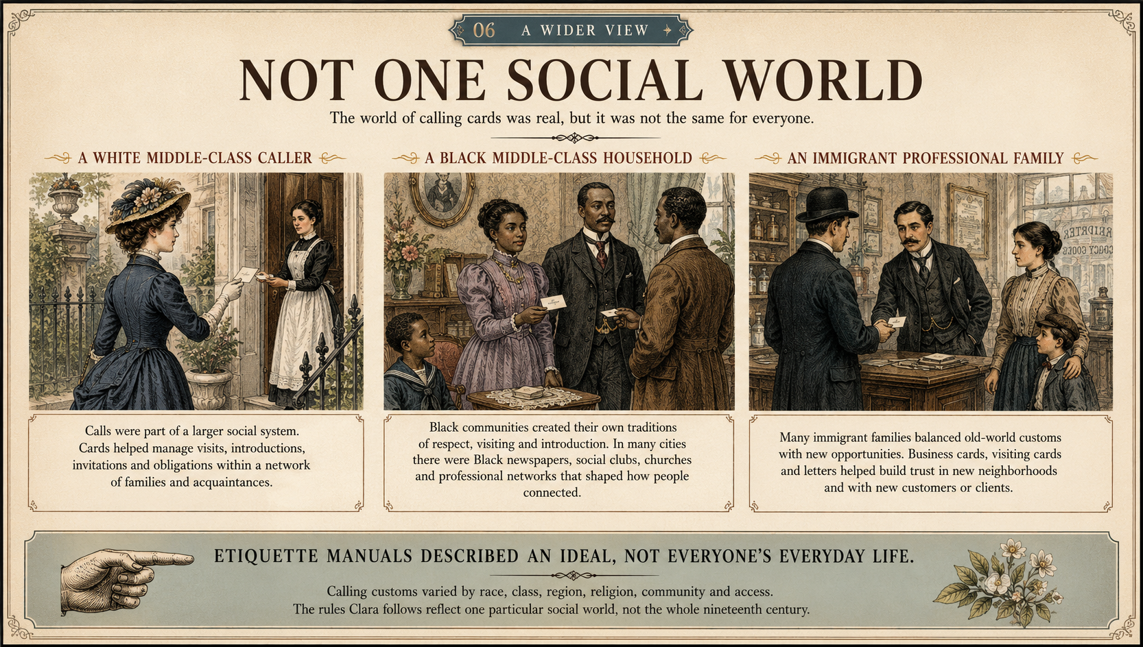 Illustrated comparison showing different social worlds and calling customs in the nineteenth century